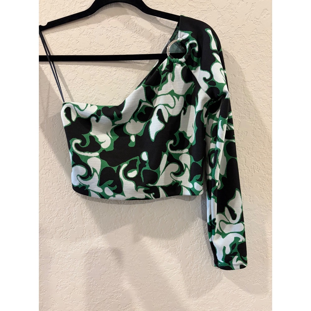Zara One Shoulder Crop Top Green Black White Swirl Print Ring Detail Size L